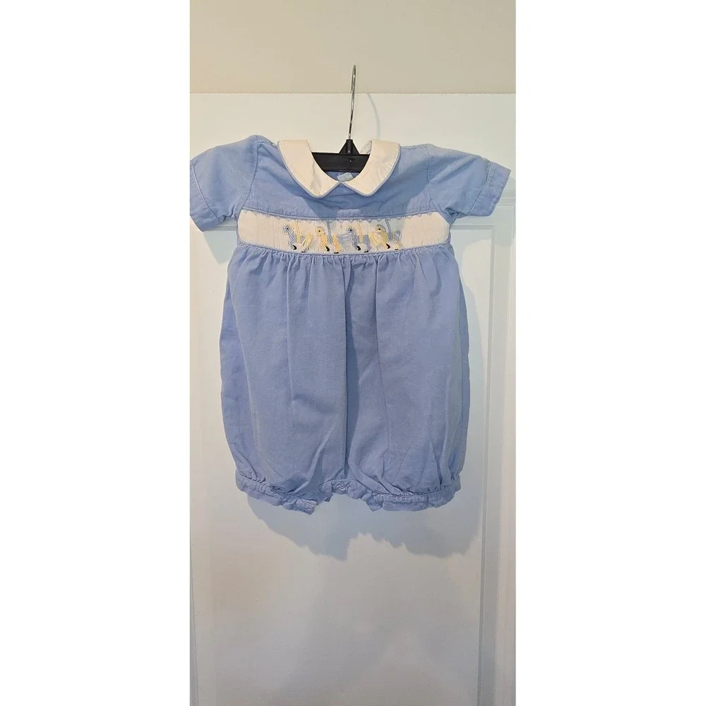 Vive La Fete Smocked Rocking Horse Blue Corduroy Bubble‎ Romper 9M